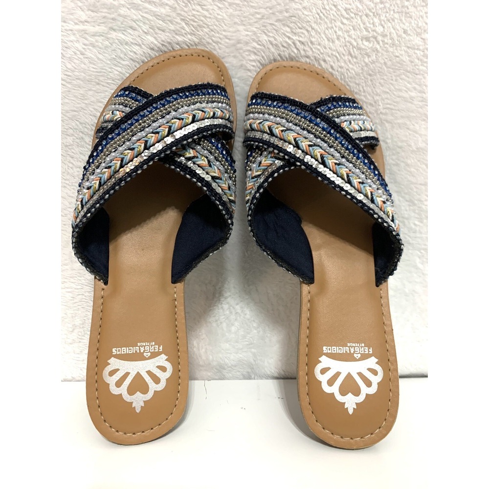 Woman's fergalicious Flat sandals Slip On Blue Beaded, Sequins size 9 Open Toe